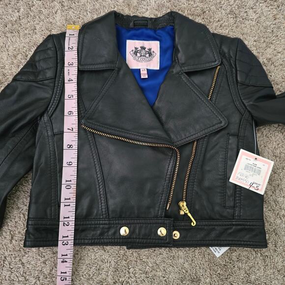 Juicy Couture Lamb Leather Motorcycle Jacket Girls 4/5 Black Biker Y2K Winter - Picture 6 of 10